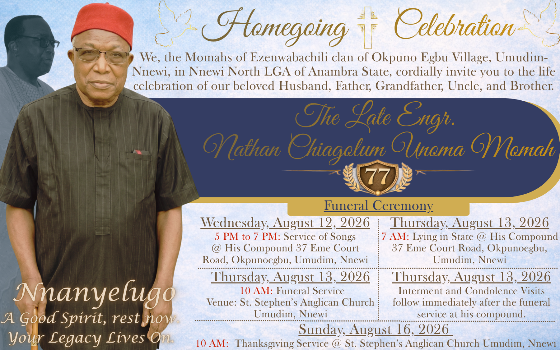 Flyer for the Funeral Ceremony for the Late Engr. Nathan Chiagolum Unoma Momah, with his portrait and the words Homegoing Celebration.