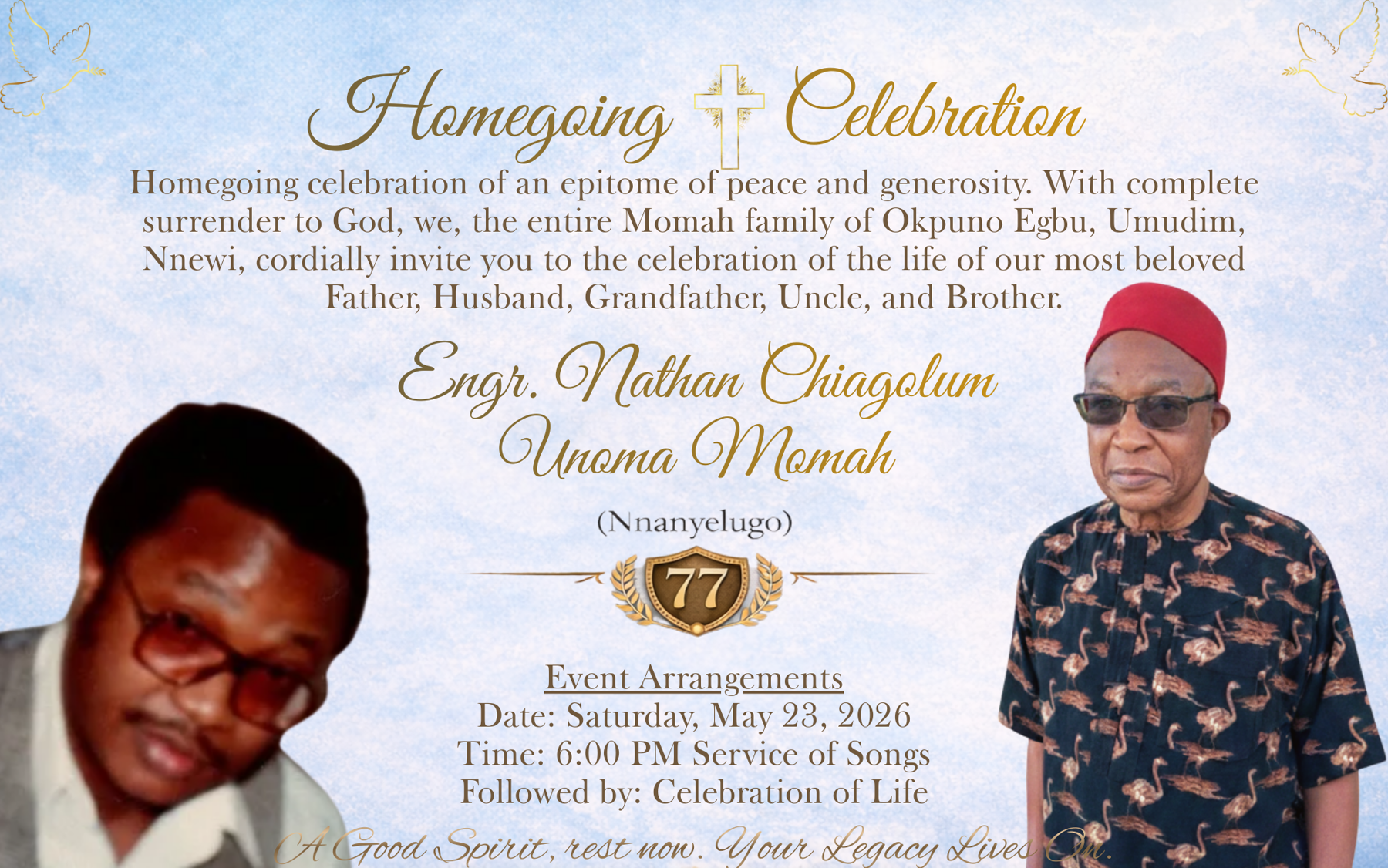 Flyer for the New York Celebration of Life for Engr. Sir Nathan Chiagolum Unoma Momah, with two portraits of him and the words Homegoing Celebration.