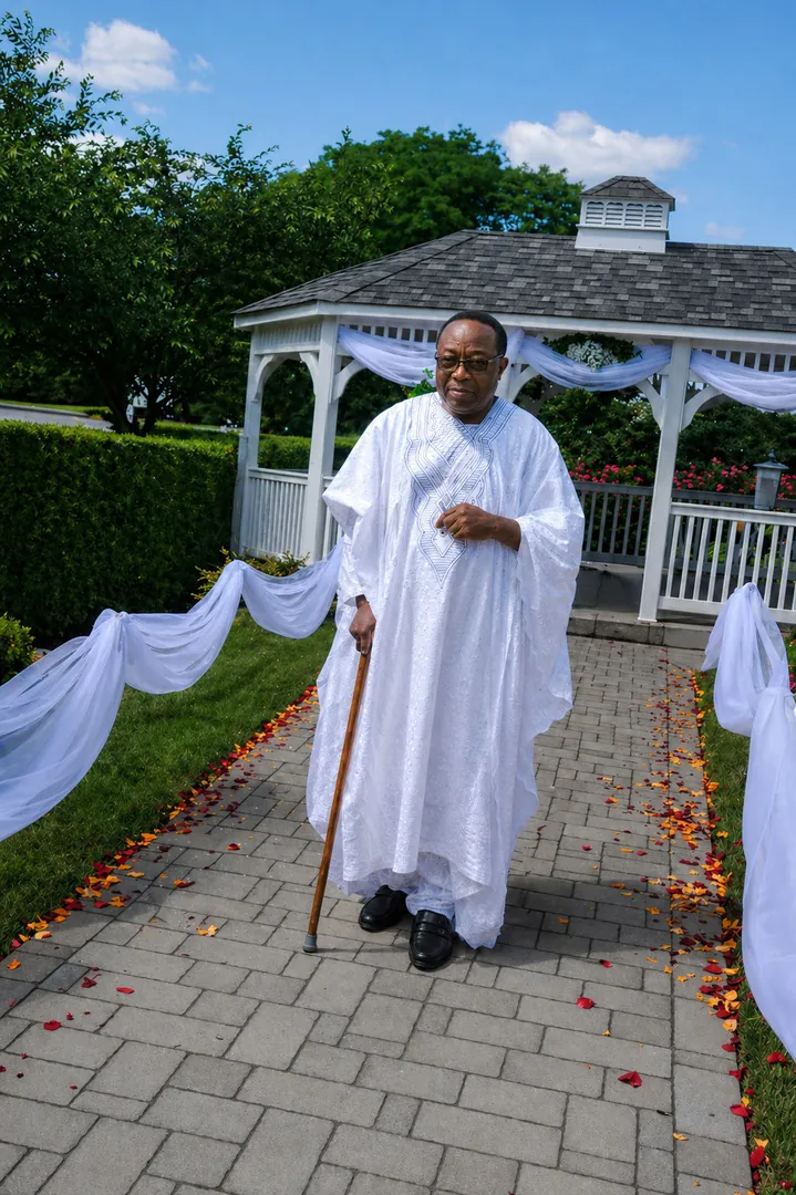 Nathan in a flowing white agbada walking with a cane along a stone path lined with white drapes and scattered petals, a garden gazebo behind him.