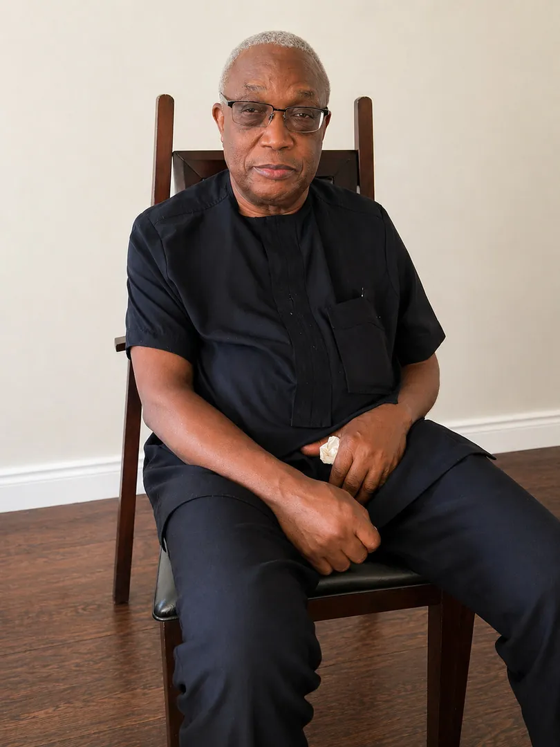 Nathan Momah seated on a wooden chair in a black short-sleeved tunic, silver hair and glasses, looking calmly toward the camera.